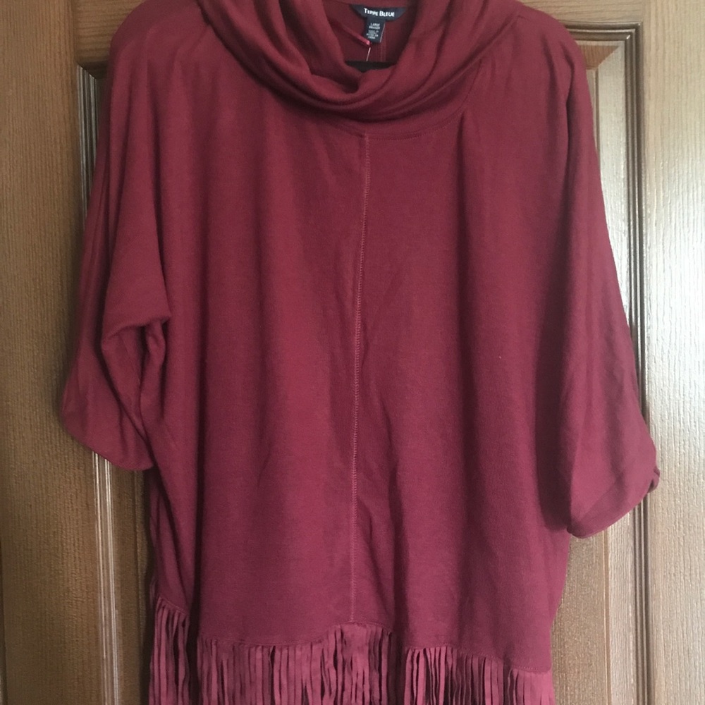 Cowl neck fringed pull over tunic Black. Wine/burgundy not available.